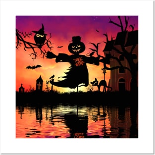 Funny halloween design with scarecrow, cat, and owl Posters and Art